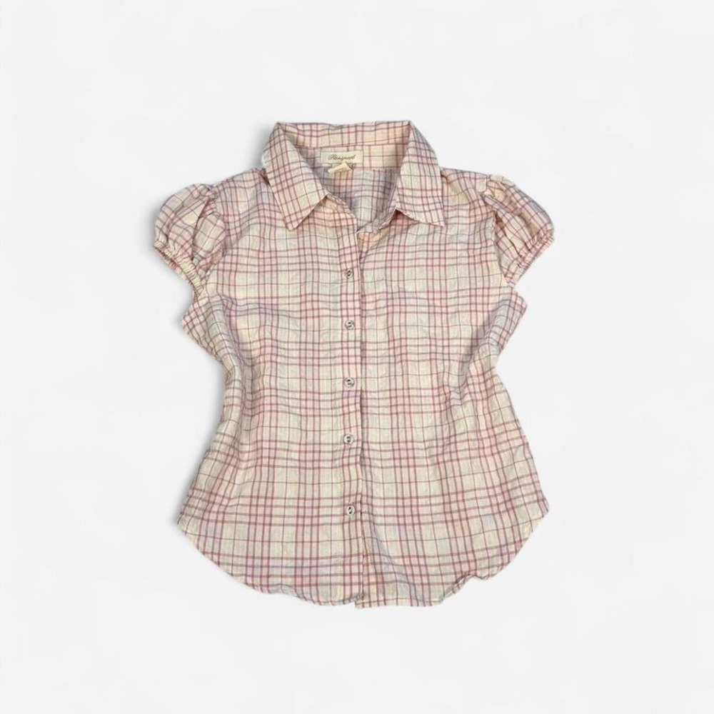 Vintage y2k Passport pink & white plaid button up short sleeve fitted blouse